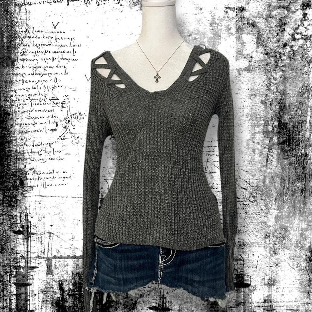 braided cutout neckline light charcoal grey sweater knit top